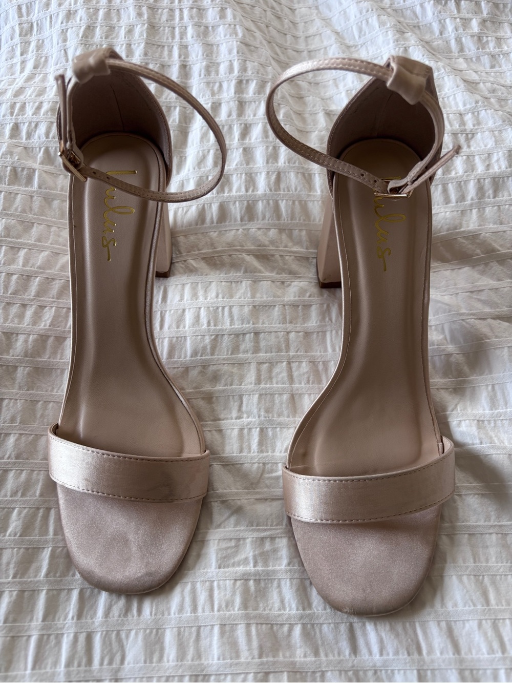 Arylee Champagne Satin Ankle Strap Heels